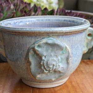 Small Art Pottery Bowl, Flower Decoration With Lovely Glaze With Purples, Blues and Greens, Artist Signed