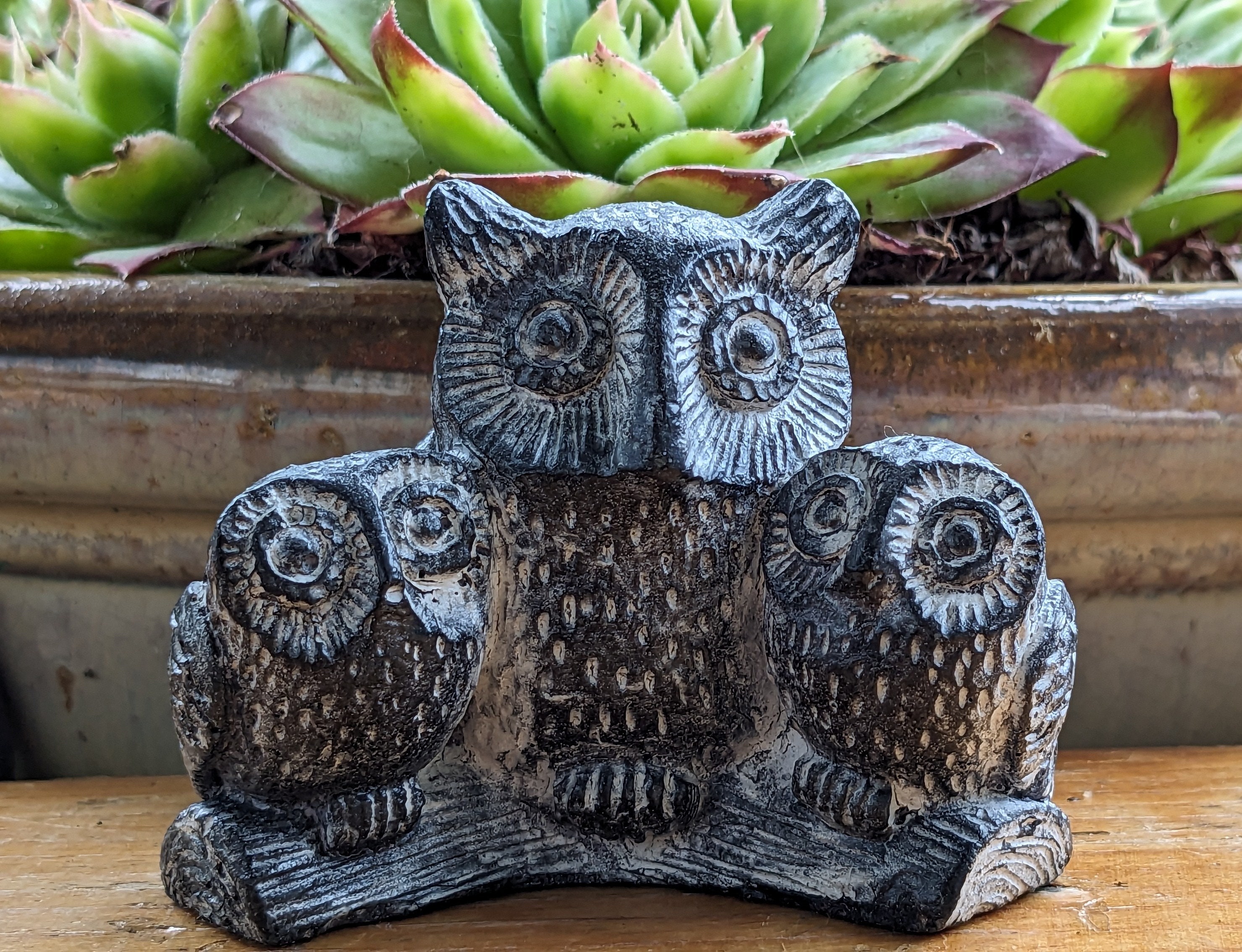 Sweet Vintage Owl Family Figurine, Small Sculpture, Hand Carved, Made In Canada