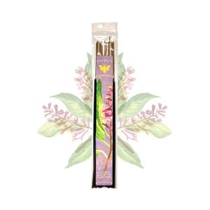 May include: A packet of incense sticks with a purple and green label. The label features a watercolour illustration of a plant with red and green leaves and the text "Sandal Wood". The package also has a yellow butterfly graphic.