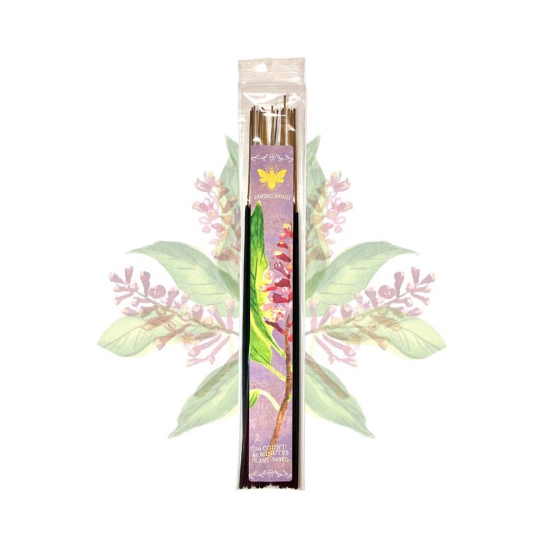 May include: A packet of incense sticks with a purple and green label. The label features a watercolour illustration of a plant with red and green leaves and the text "Sandal Wood". The package also has a yellow butterfly graphic.