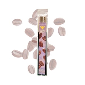 May include: A package of incense sticks with a purple label featuring coffee beans and the text "Coffee Bean". The label also includes a butterfly graphic and the text "50 Count 45 Minutes Plant Based". The incense sticks are green.