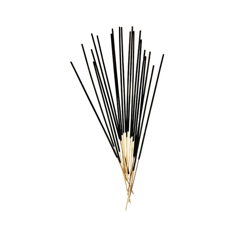 May include: A collection of black incense sticks with gold bases, fanned out against a white backdrop. The thin, straight sticks create a minimalist aesthetic. The incense sticks are for aromatherapy.