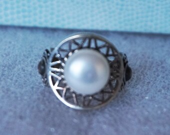 Bague vintage en argent sterling avec perle blanche, véritable perle Akoya blanche de 10 mm, taille 6, cadeau de mariée/mariage, bague tendance, bague en perles, 277