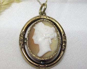 Antique Gold-Plated Victorian Shell Cameo Pendant, Hand-Carved Female Profile, Elegant Flora Cameo, C52
