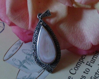 Vintage sterling silver Art Deco Marcasite pendant with mother of pearl pink tone pendant, mid century pendant, 09
