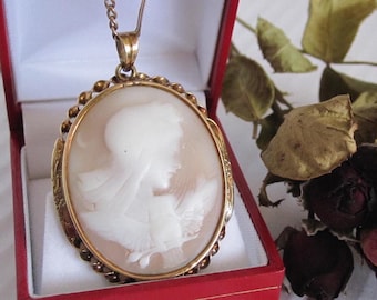 May include: A gold-toned cameo pendant necklace featuring a carved white profile of a woman. The oval pendant is set in a decorative gold frame and hangs from a delicate chain. The necklace rests in a red jewelry box.