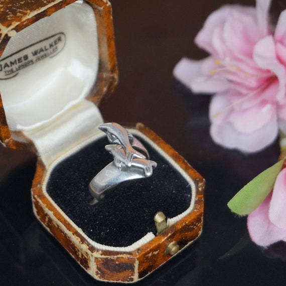 Vintage solid sterling silver ring, dolphin silve… - image 2