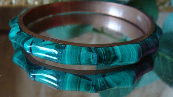 Gorgeous Guff malachite bracelet, Bungle brass an… - image 5