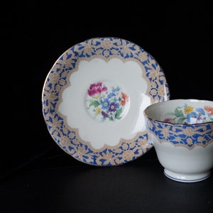 Vintage Aynsley tea cup and saucer set,  Collectible John AYNSLEY  Footed Cup and Saucer Blue Gold Scroll & Trim, made in England, 492