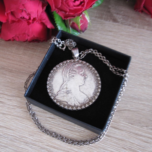 Antique Silver coin pendant, Maria Theresa silver coin pendant, Coil pendant with silver chain, 135