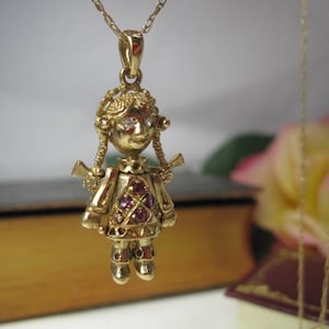 Articulated Gold Girl Doll Pendant with Rubies & Diamonds, Vintage English Fine Jewelry Artistry, TB415