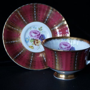 Vintage Paragon tea cup and saucer,english paragon, collectible teacup, bordo, yellow and blue flowers, pink rose paragon, gift for her, 497