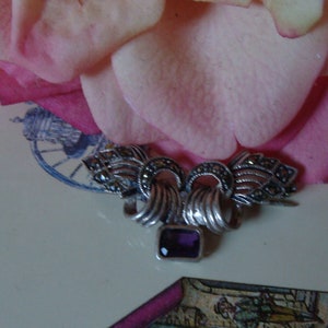 Vintage silver sterling Art Deco marcasite brooch, Collectible brooch, , Marcasite and Purple Amethyst Brooch, silver 925, #36
