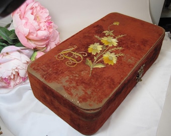 Antique France jewelry box, Red velvet with hand embroidery trinket box, Original antique jewelry box, Box with handle, TB3-7
