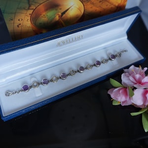 Vintage solid Silver bracelet with large genuine  Amethyst stones, amethyst bracelet, amethyst birthstone, Gift for her, 7,5 inch long, 34