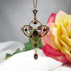 Colgante/collar victoriano de oro de 9 quilates con granate y perlas cultivadas, TB64