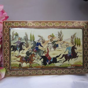 Vintage Hand Painted Marquetry Jewelry/Keepsake Box, with hunting scene, Indo-Persian jewelry box, TB3.5