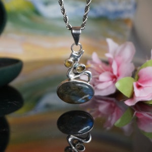 Vintage Large Blue Flash Labradorite Silver Pendant with 2 citrines, gemstone silver jewelry, Last minute gift with free gift box,153