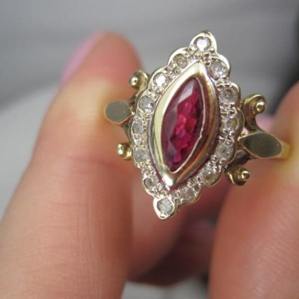Antique English Gold Ring with Natural Ruby & Old Cut Diamonds, Size 9 1/2, TB434