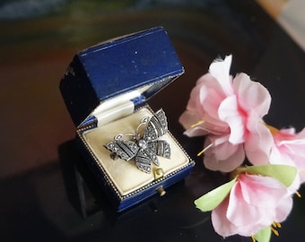 Broche Vintage Papillon En Argent Sterling Avec Marcassites, Topaze Et Grenat