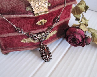 Victorian Bohemian Garnet Silver Necklace, Large Antique Bohemian Garnet Pendant Necklace, January Birthstone, Fine Antique Jewelry, G16