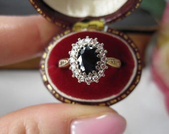 Gorgeous 9kt Gold & Sapphire Princess Ring with Diamonds in Cluster Design, Mid-Century Fine Jewelry Ring Size 6, TB414