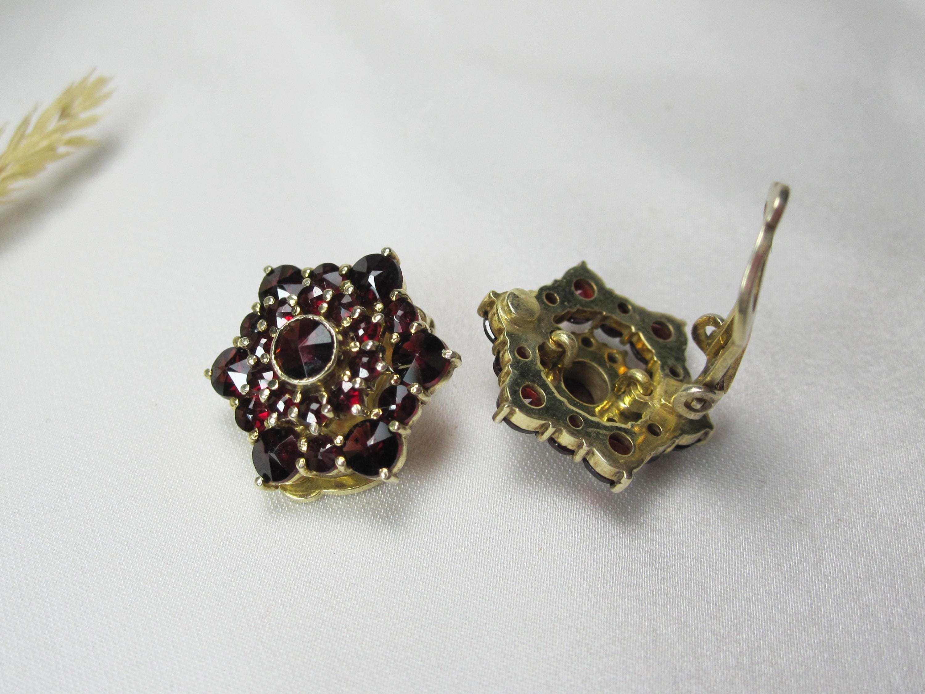 Boucles D'Oreilles Femme Bohème - Argent Vieilli Avec Grenat - T15 B - Neuves Avec Étiquettes