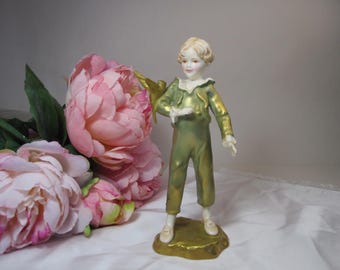 Royal Worcester porcelain,Royal Worcester Boy & Parakeet Figurine in Green and Gold Lustre  Home Decor Collectible Gift TB5.3