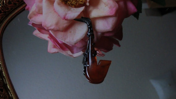 Vintage Amber in Sterling silver brooch, Saxophon… - image 1