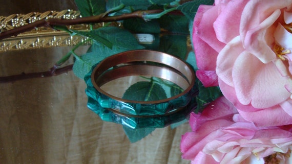Gorgeous Guff malachite bracelet, Bungle brass an… - image 1