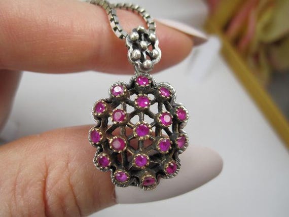 Antique European Art Deco 925 Sterling Silver Pendant with Rubies, TB275