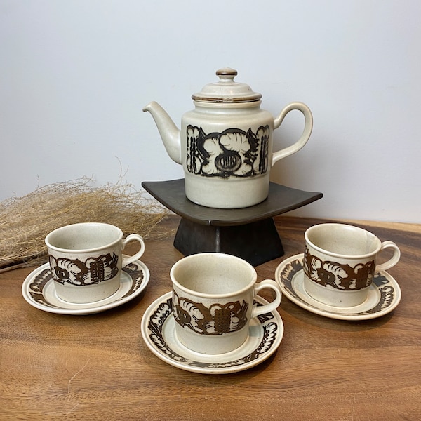 Ensemble de tasses et soucoupes théière Porsgrund Norway, design scandinave, milieu du siècle