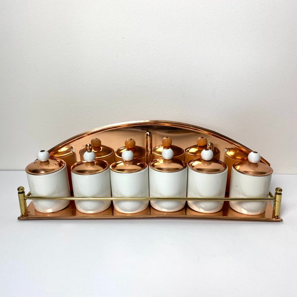 Vintage Copper Kitchen Spice Rack Porcelain Jars