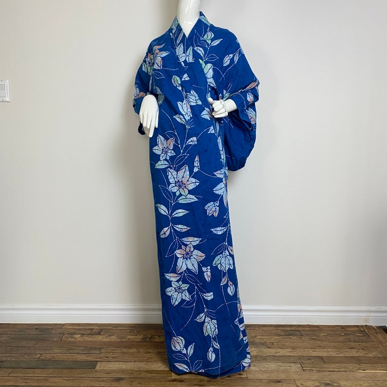 Vintage Japanese Cotton Kimono Robe Blue Tropical Flower Etsy