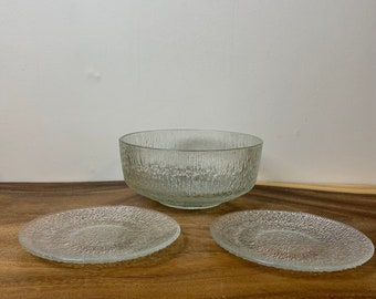 Mid Century Indiana Glass Ice Textured serving Bowl and Plates