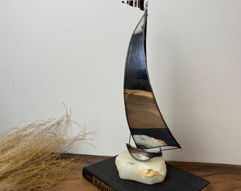 Mid Century Torch Cut Sailboat Sculpture, Jere Style Brutalist sculpture