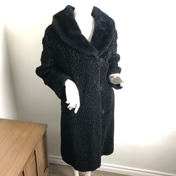 Vintage Black Astrakhan Coat Faux Fur Collar