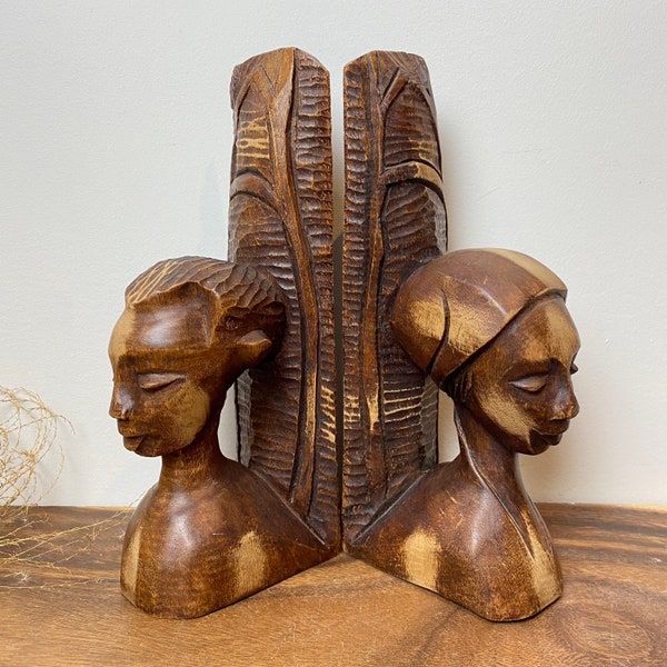 African Carved wood Male and Female Bust Bookends