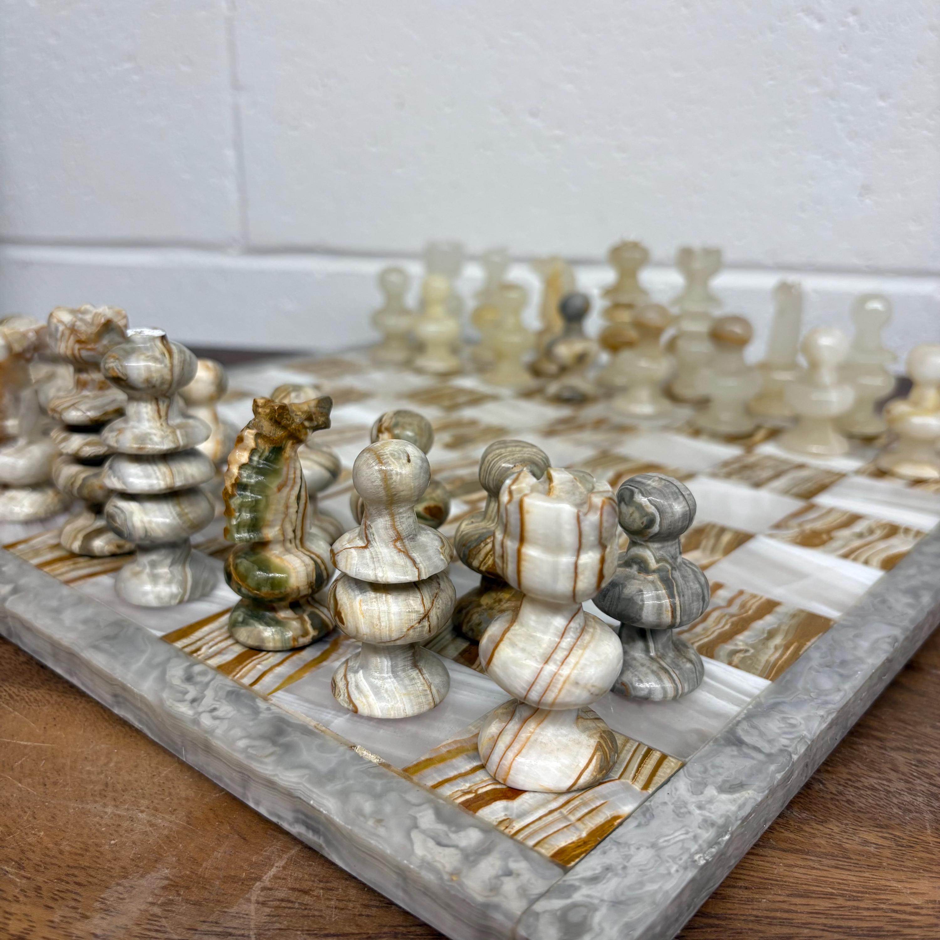 Carved Stone Onyx Chess Set, Vintage 1970s Stone Chess Set