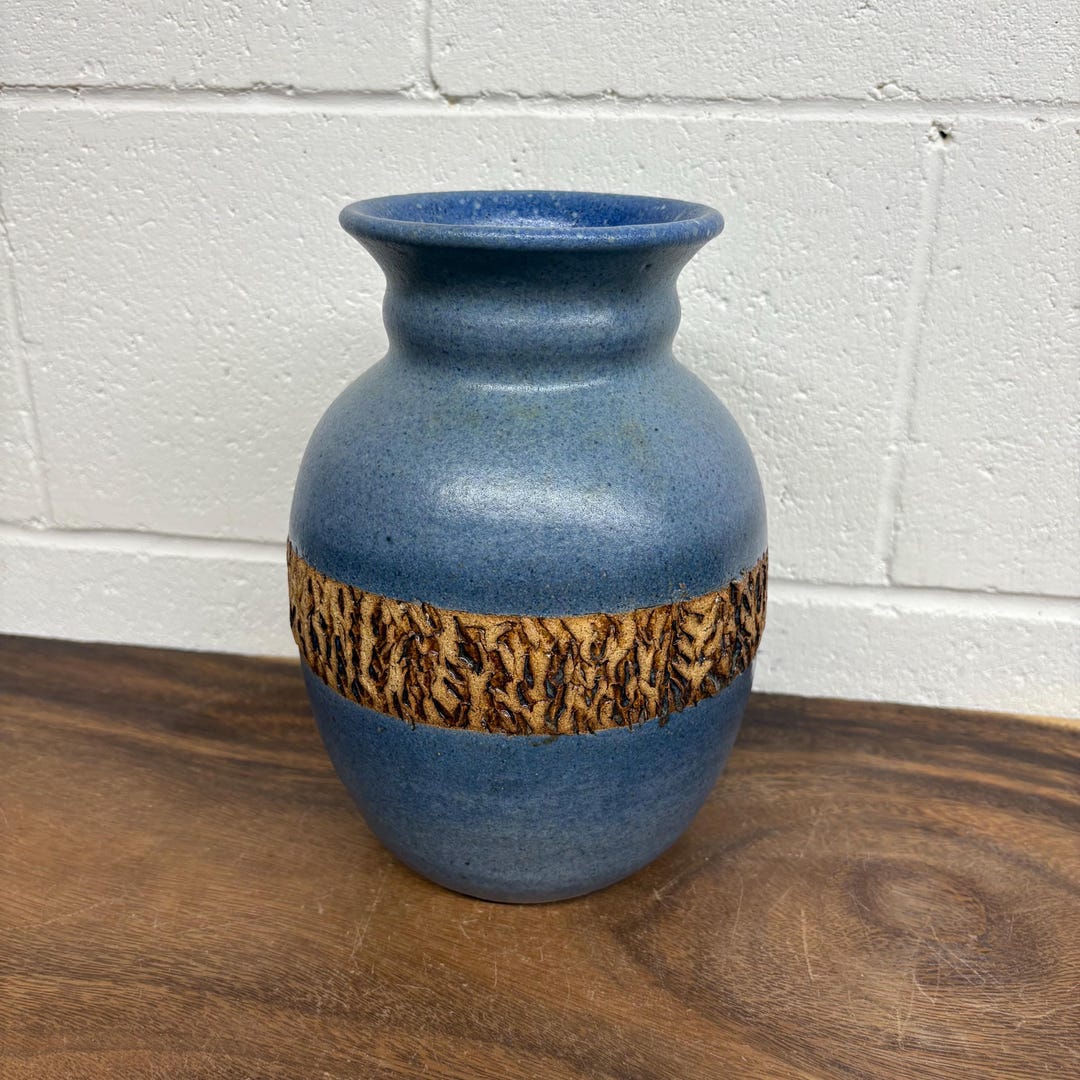 Vintage Hand Thrown Pottery Vase in Blue With Textured Band - Etsy