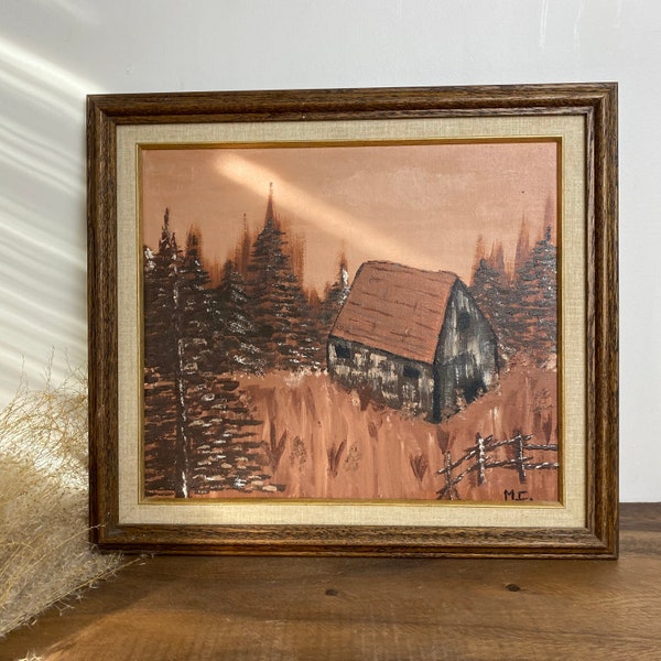 Vintage Cabin in the Woods Framed Painting, Original Art, Amateur Art