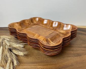 Vintage Molded Woven Parquet Wood Stacking Trays, Set of Seven