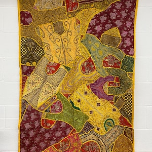 Vintage Indian Patchwork Beaded Tapestry, Boho Decorative Textile