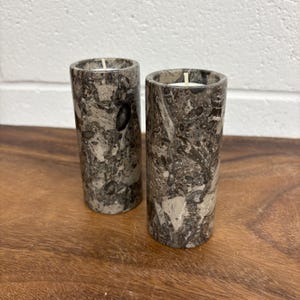 Pair of Fossil Stone Cylinder Tealight Candle Holders