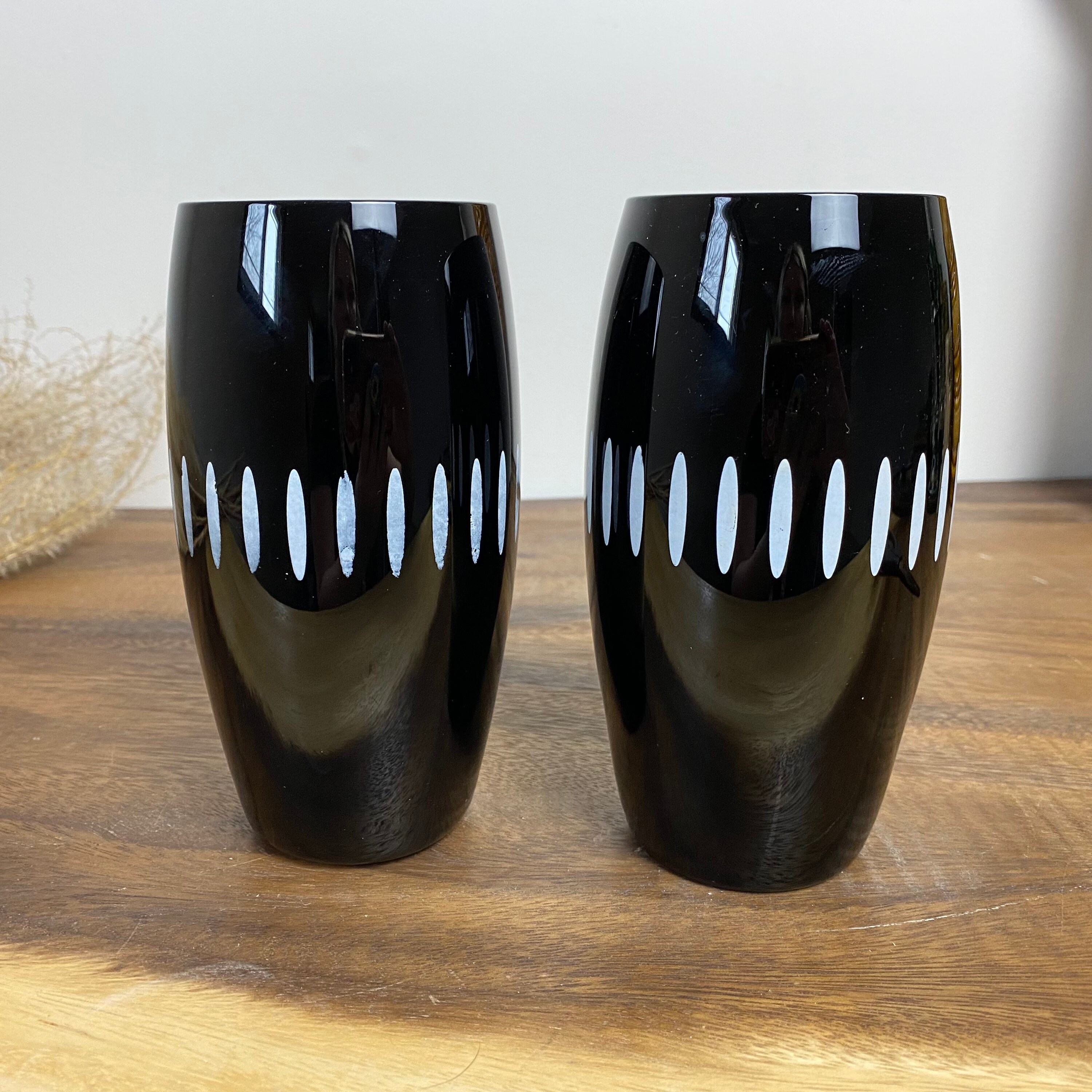 Pier One Black Glass Tumblers With White Design Etsy