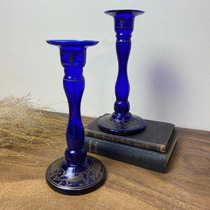 Cobalt Blue Czech Blown Glass Candlestick Holders, Silver Overlay