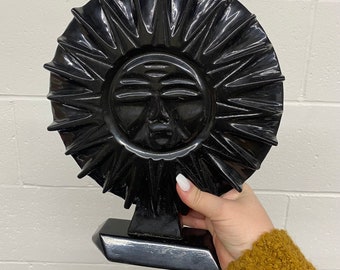 Large Obsidian Mayan Sun God Sculpture