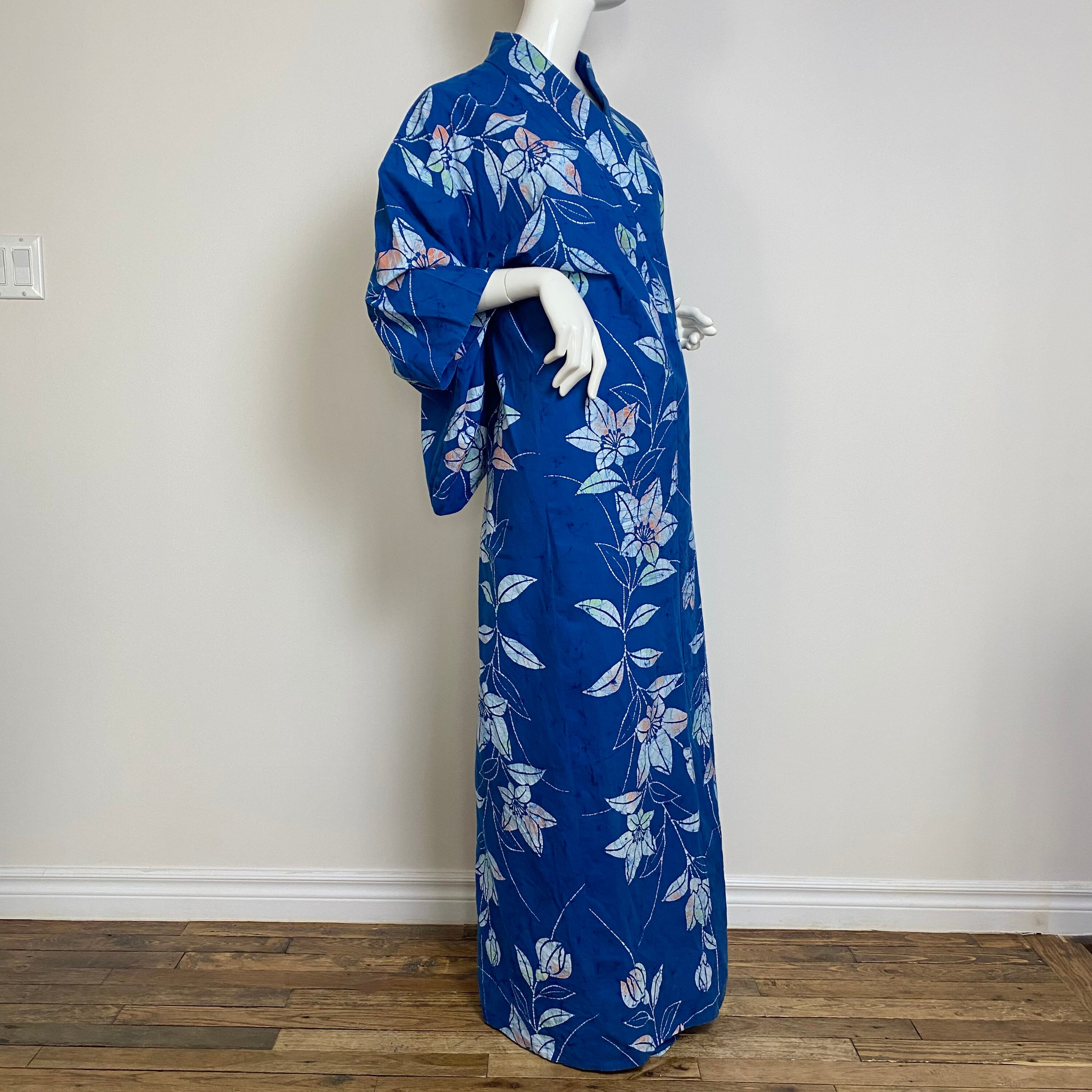 Vintage Japanese Cotton Kimono Robe Blue Tropical Flower Etsy