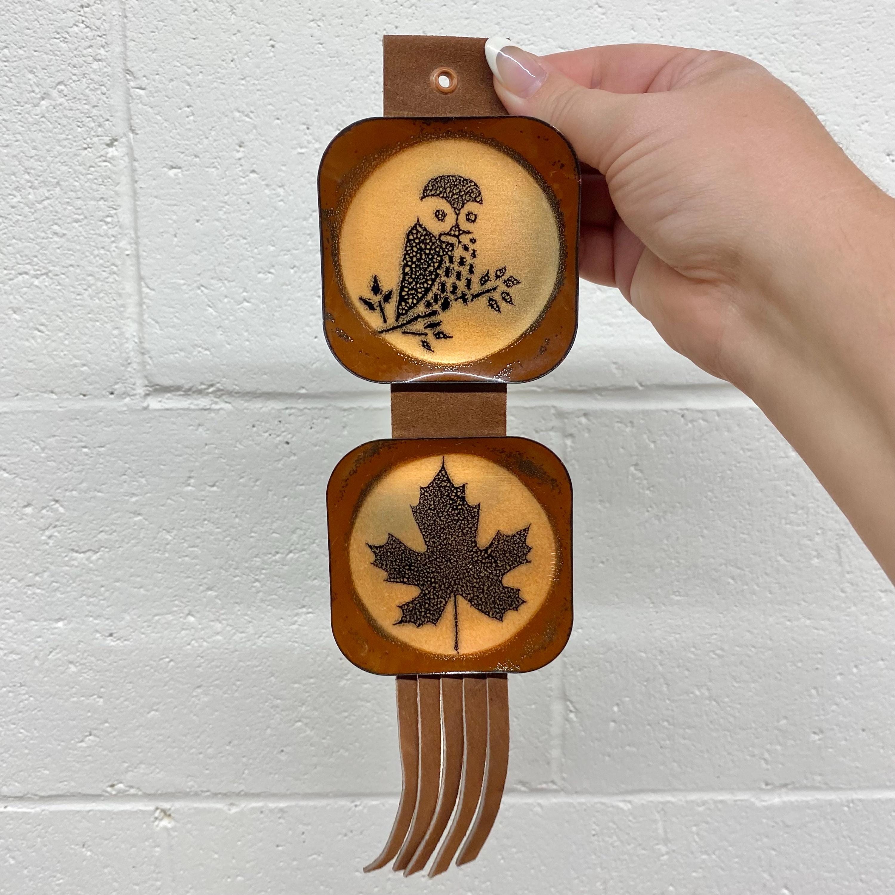 Vintage B. E. Eren Enamel on Copper Owl and Maple Leaf Painting