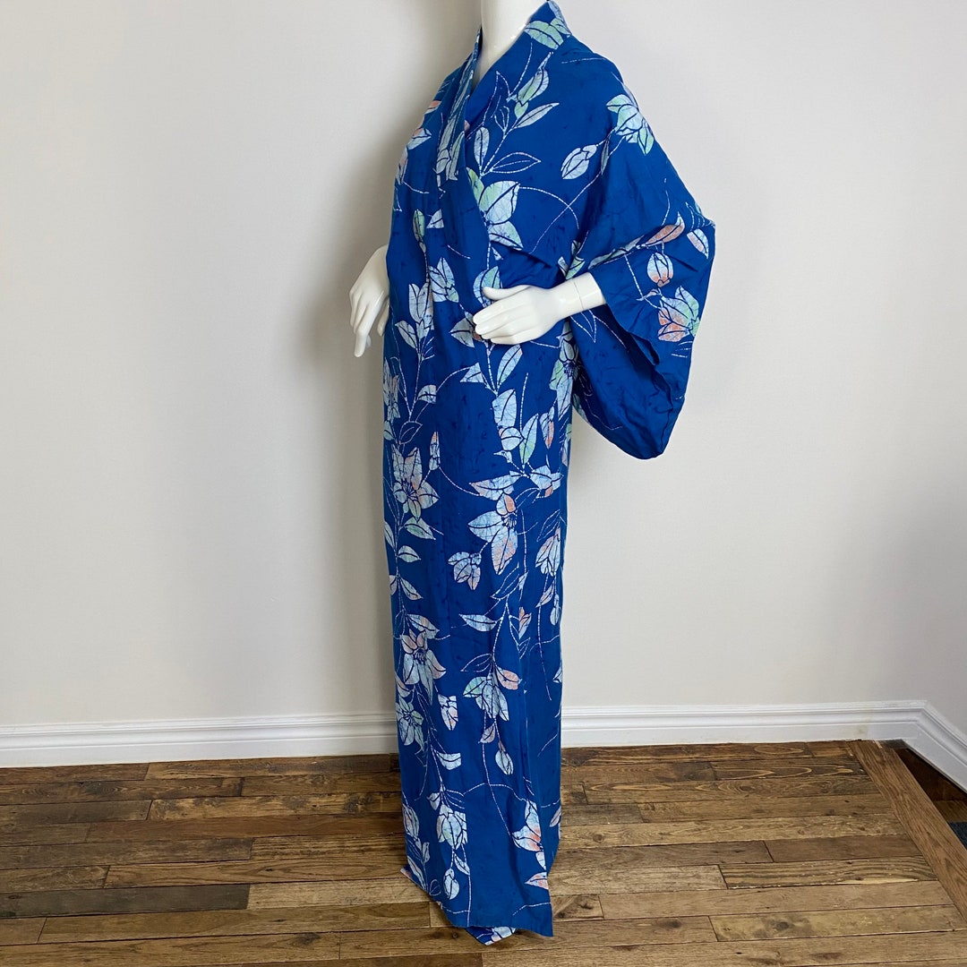 Vintage Japanese Cotton Kimono Robe Blue Tropical Flower Etsy